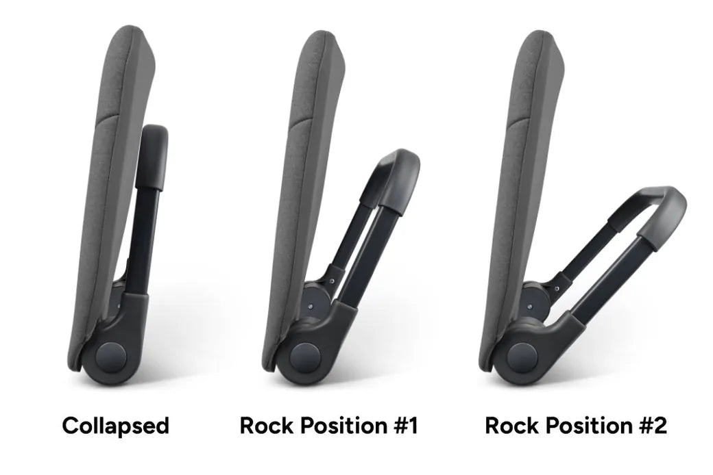The Ready Rocker folded flat, open in rock position 1, and open in rock position 2
