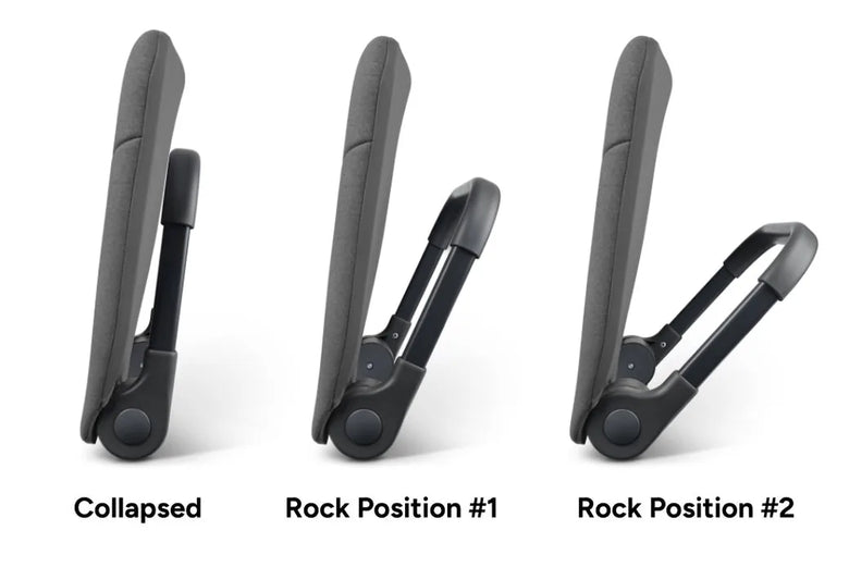The Ready Rocker folded flat, in rock position 1 and in rock position 2