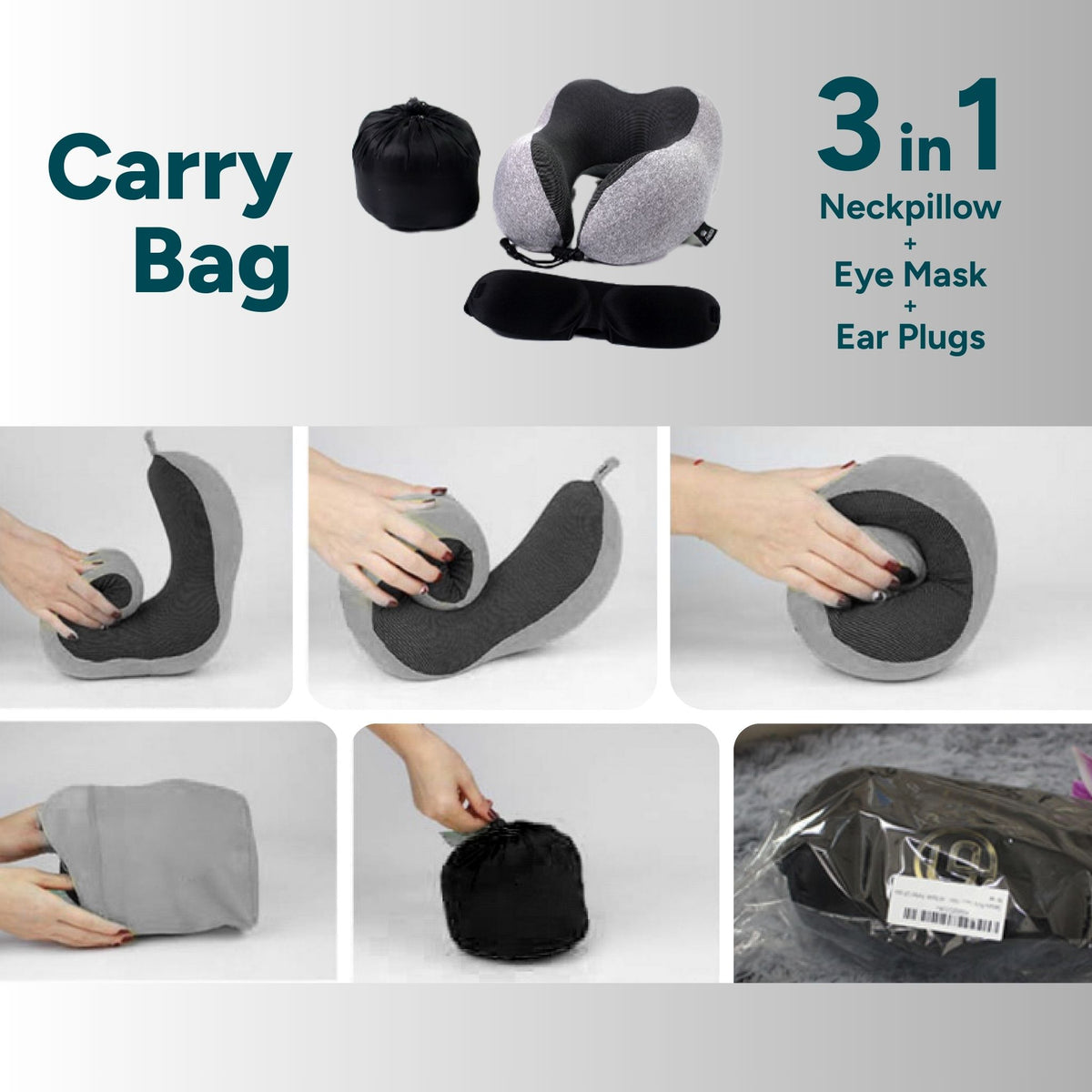 Travel Pillow Set: Neck Pillow + Eye Mask + Earplugs