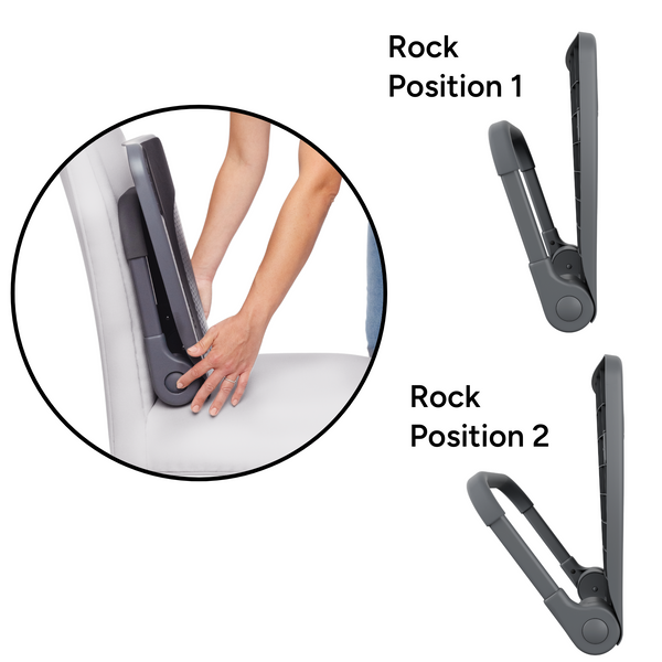 Hands pressing both side buttons of the Ready Rocker, next to the frame open in rock position 1 and rock position 2