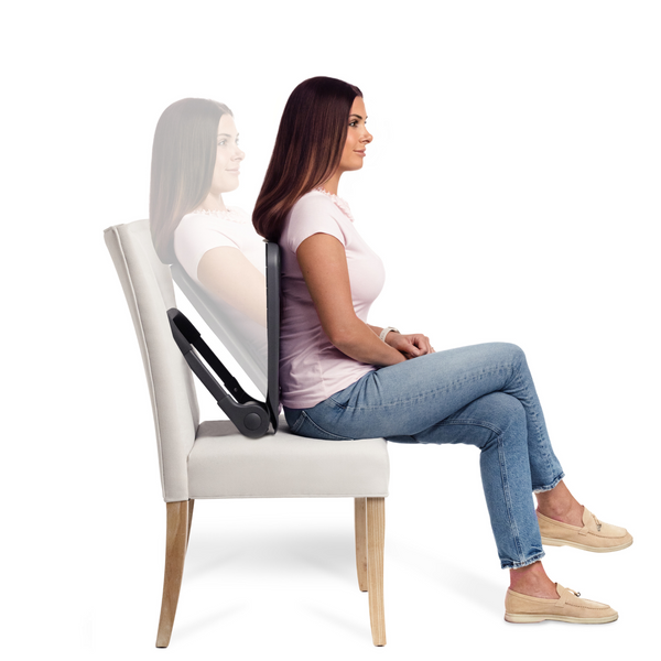 The same woman leaning back on the Ready Rocker, shown twice to show the rocking motion