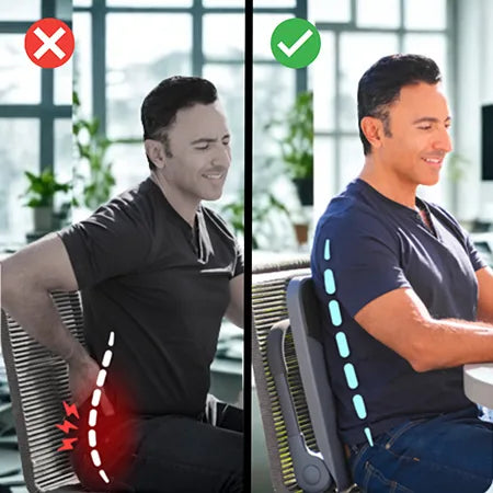 Before and after: a man sitting with poor slouched posture next to the same man sitting upright and supported with the Ready Rocker